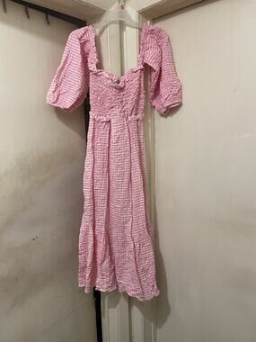 Pink Gingham Maxi Dress Smocked Puff Sleeve Cottagecore Size Large